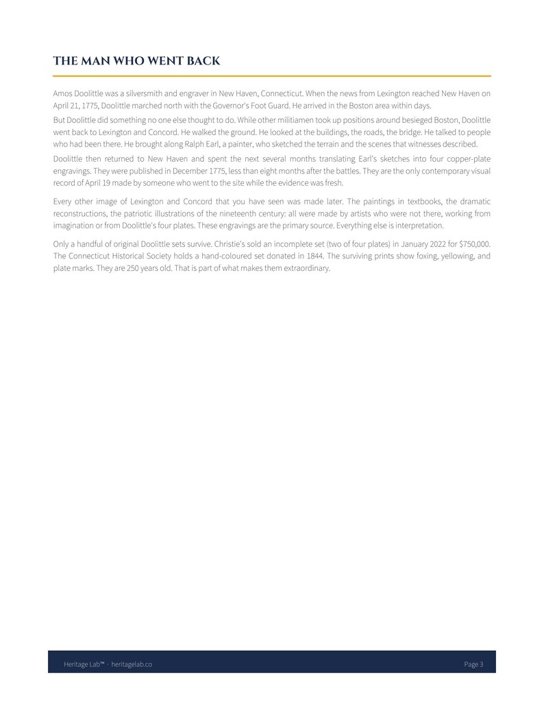 May include: A white page with the title "THE MAN WHO WENT BACK" and text detailing Amos Doolittle's engravings of Lexington and Concord. The page includes the Heritage Lab logo and the page number.