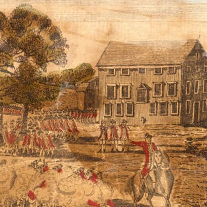 May include: A vintage sepia print showing a historical scene. Soldiers in red coats march near a building, while a man on horseback gestures. A flock of sheep with red ribbons are in the foreground. The print has a classic, aged appearance.