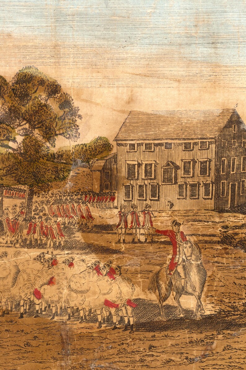 May include: A vintage sepia print showing a historical scene. Soldiers in red coats march near a building, while a man on horseback gestures. A flock of sheep with red ribbons are in the foreground. The print has a classic, aged appearance.