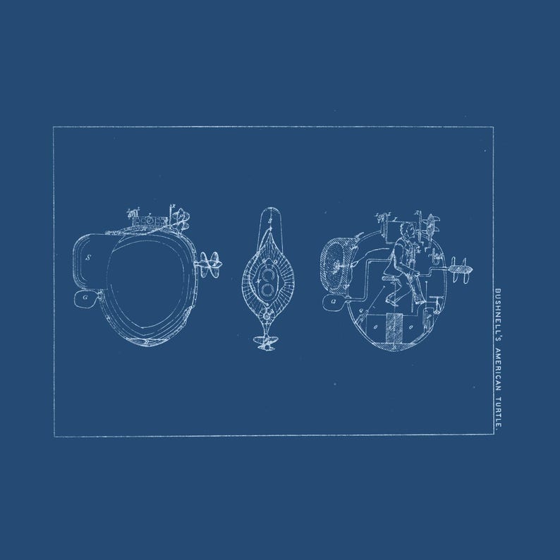 Bushnell American Turtle three-view technical plate in Prussian blue blueprint style