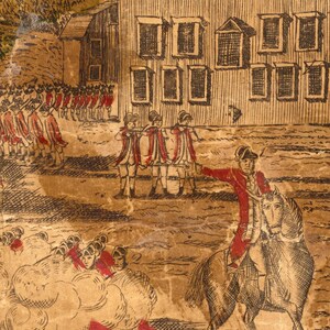 May include: A sepia-toned antique print showing a historical scene. Soldiers in red coats and white breeches are depicted, with a man on horseback pointing towards a building. The print evokes a sense of history and period detail.