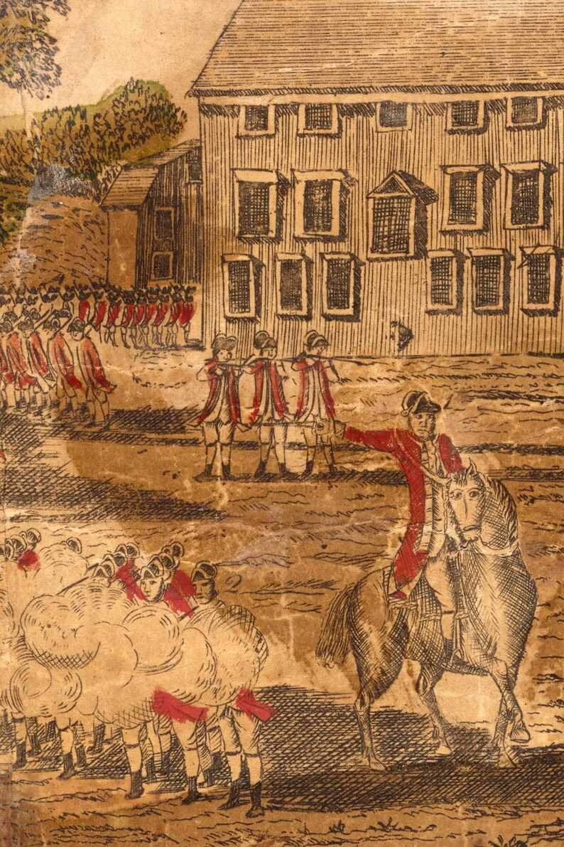May include: A sepia-toned antique print showing a historical scene. Soldiers in red coats and white breeches are depicted, with a man on horseback pointing towards a building. The print evokes a sense of history and period detail.