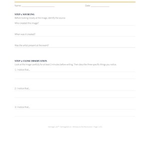 May include: A white worksheet headed "PRIMARY SOURCE INVESTIGATION" with the text "Plate 1: The Battle of Lexington, April 19th 1775." It features sections for sourcing and close observation, with fill-in-the-blank prompts. The Heritage Lab logo is at the bottom.