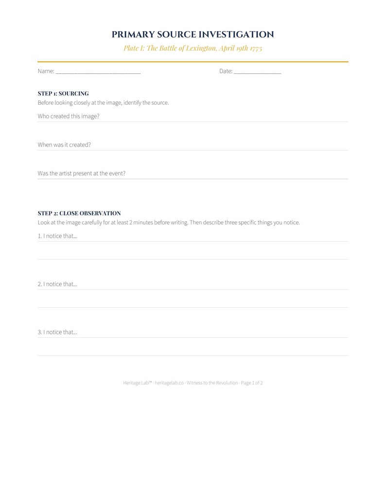 May include: A white worksheet headed "PRIMARY SOURCE INVESTIGATION" with the text "Plate 1: The Battle of Lexington, April 19th 1775." It features sections for sourcing and close observation, with fill-in-the-blank prompts. The Heritage Lab logo is at the bottom.
