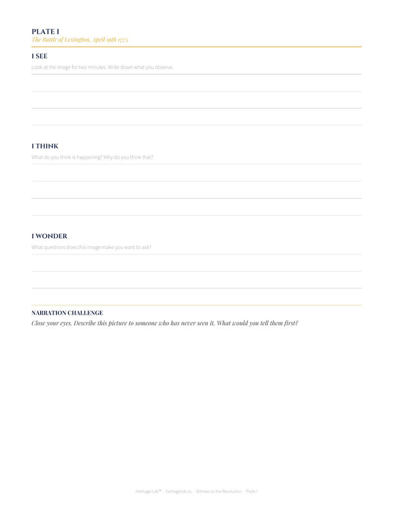 May include: A white worksheet with the title "PLATE I" and text about the Battle of Lexington, April 19th, 1775. The worksheet includes prompts for observation, critical thinking, and narration. The text is in black.