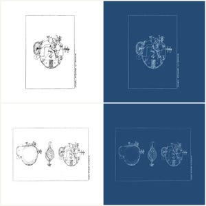 All four included prints: cutaway and three-view plate in white and blueprint versions