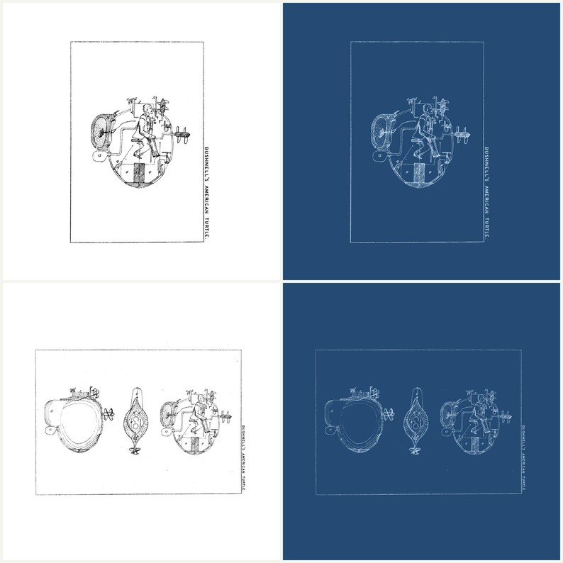 All four included prints: cutaway and three-view plate in white and blueprint versions