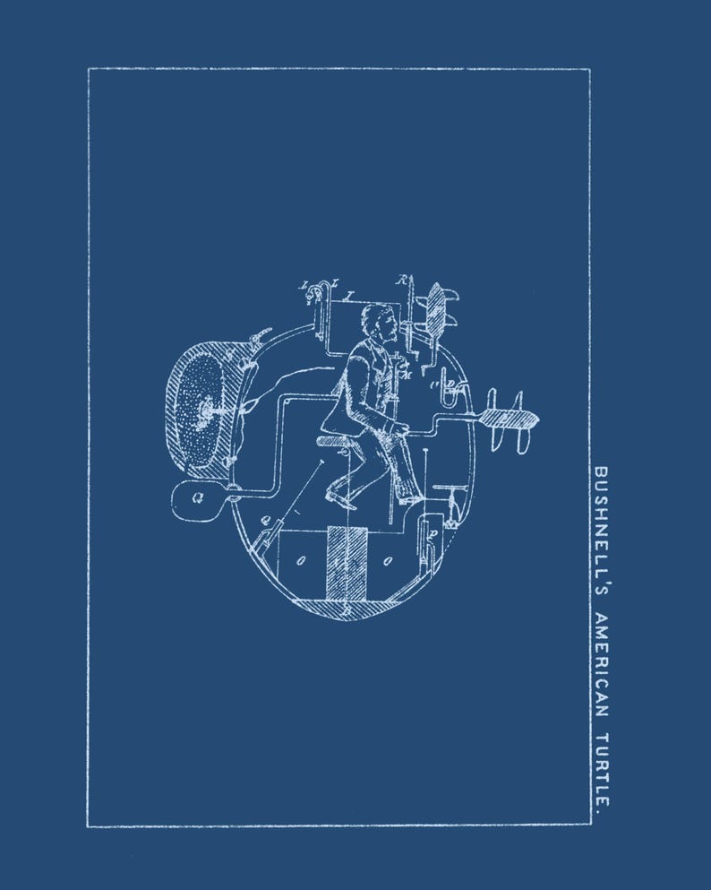Bushnell American Turtle submarine cutaway cross-section, Prussian blue blueprint, 1776