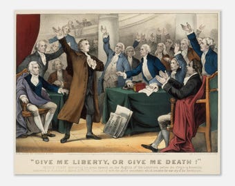 Lámina "Give Me Liberty" de Patrick Henry, Currier and Ives, 1876, Arte mural de la Revolución Americana