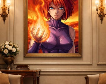 Fantasy Female Warrior Wall Art, Fire Magic Illustration, Anime Style Printable Poster, Digital Download