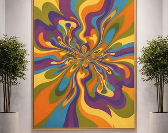 Abstract Retro Swirl Art Print, Colorful Psychedelic Decor (Digital Download)
