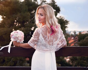 Peach Lace Wedding Shawl, Bridal Bolero Cover Up