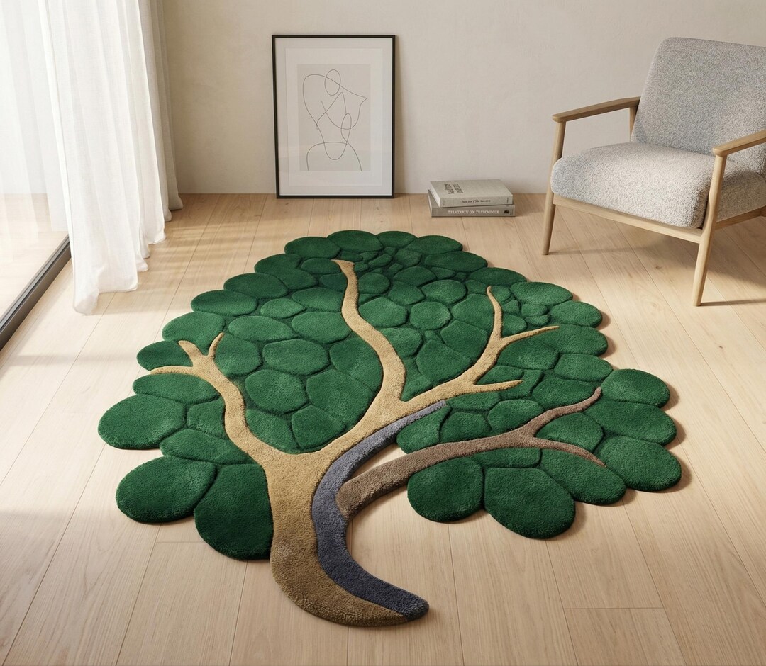 Hand Tufted Wool Tree of Life Rug, Botanical Leaf Shaped Carpet, Living ...