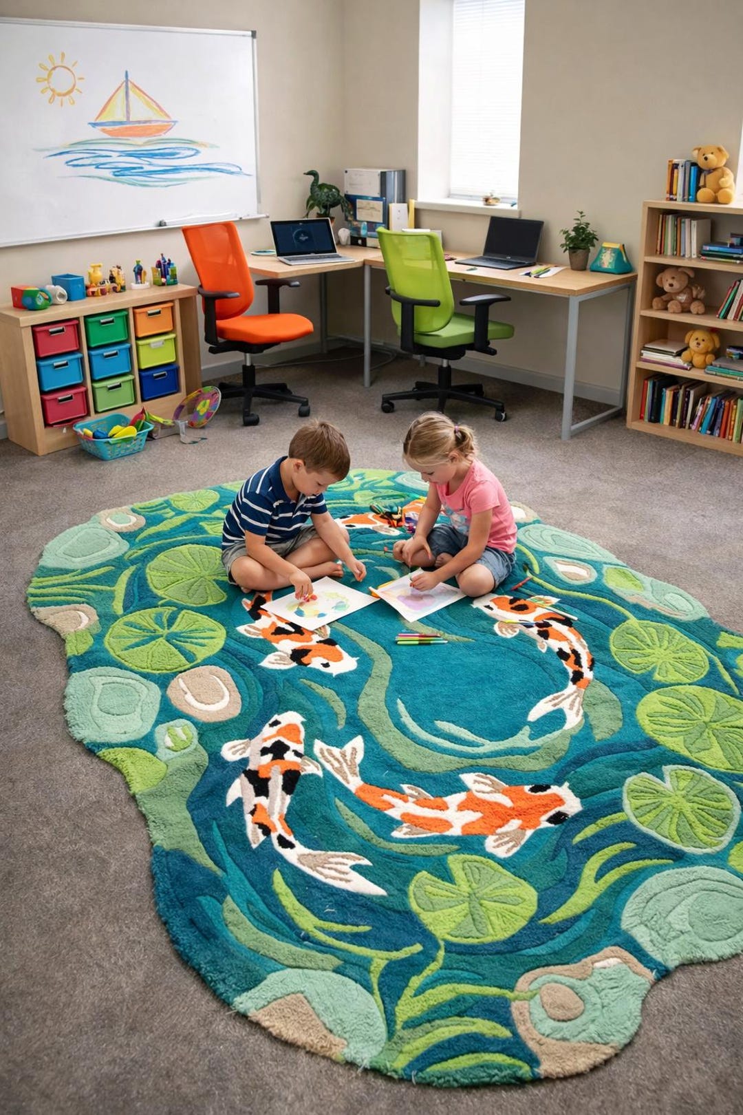 Elegant Koi Fish Pond Area Rug With Lily Pads – Handcrafted Teal Green ...