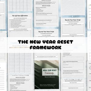 May include: A collection of white paper pages with text and prompts for self-reflection and goal setting. The title "THE NEW YEAR RESET FRAMEWORK" is prominently displayed. The pages include sections for affirmations and rewriting inner scripts.