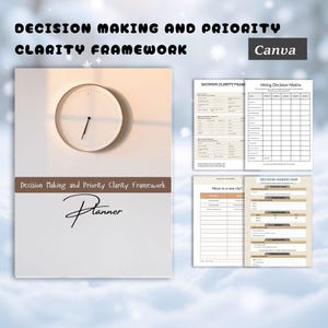 May include: A white planner with the text "Decision Making and Priority Clarity Framework" and "Planner". A clock is mounted on the wall above the planner. Additional pages with charts and forms are visible.