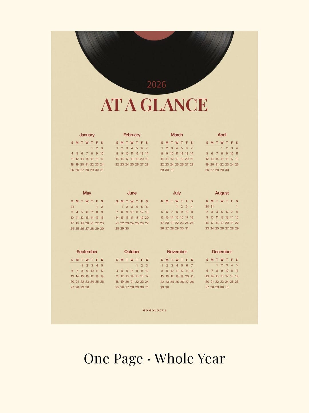 2026 at a Glance Calendar Printable | Minimal Yearly Wall Poster | One ...