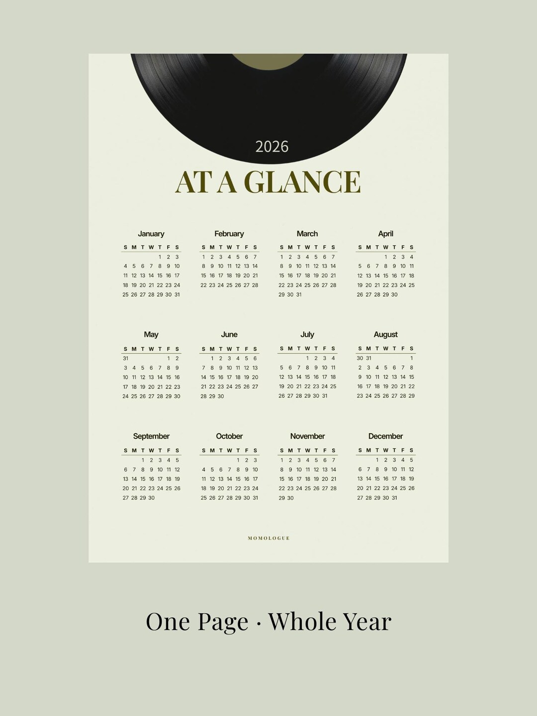2026 at a Glance Printable | Sage Green Yearly Calendar | Minimal One ...