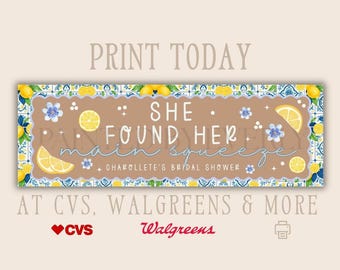 Ze vond haar belangrijkste knijpbanner | 2 x 6 afdrukbaar | Bewerkbaar in canvas | Citroen vrijgezellenfeest | Blauw tegelthema | Walgreens, klaar voor CVS