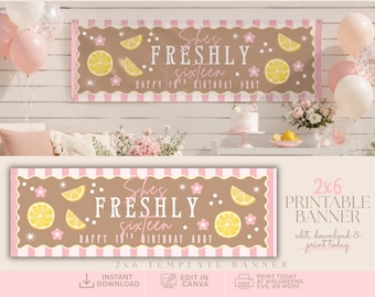 Banner Shes Freshly Age | 2 x 6 sjabloonbanner | Bewerkbaar in canvassjabloon | Elke leeftijd Verjaardag | Roze-citroenfeestje | Walgreens, klaar voor CVS