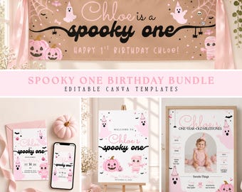 Spooky One Halloween First Birthday Bundle, Editable Canva Banner, Invitation, Welcome and Milestones Signs