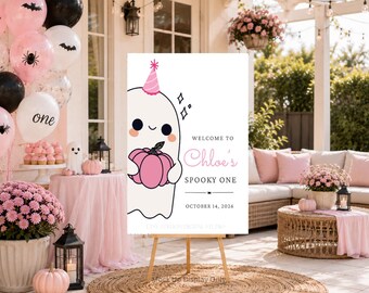 Spooky One Welcome Sign, Pink Halloween First Birthday Girl, Editable Canva Template, 18x24 20x30 24x36