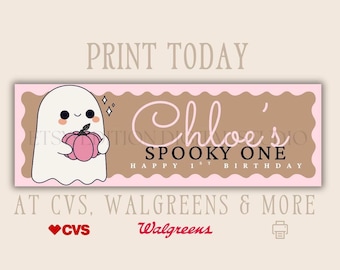 Pink Spooky One Birthday Banner, Editable Canva 2x6 First Birthday Banner, Girl Halloween Party Decor, Pink Ghost Pumpkin Banner