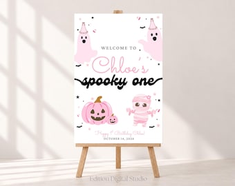 Spooky One Welcome Sign, Pink Halloween First Birthday Girl, Editable Canva Template, 18x24 20x30 24x36