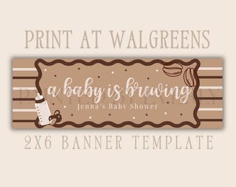 Bannersjabloon A Baby Is Brewing, banner koffie babyshower, banner van 2 x 6, bewerkbare canvas babyshowerbanner