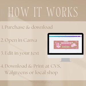 Puede incluir: Una pantalla de ordenador muestra un gr&aacute;fico rosa y marr&oacute;n con el texto "Saddle Up Rodeo". La imagen es parte de una plantilla de dise&ntilde;o. Se enumeran las instrucciones: Comprar y descargar, abrir en Canva, editar el texto y descargar e imprimir.