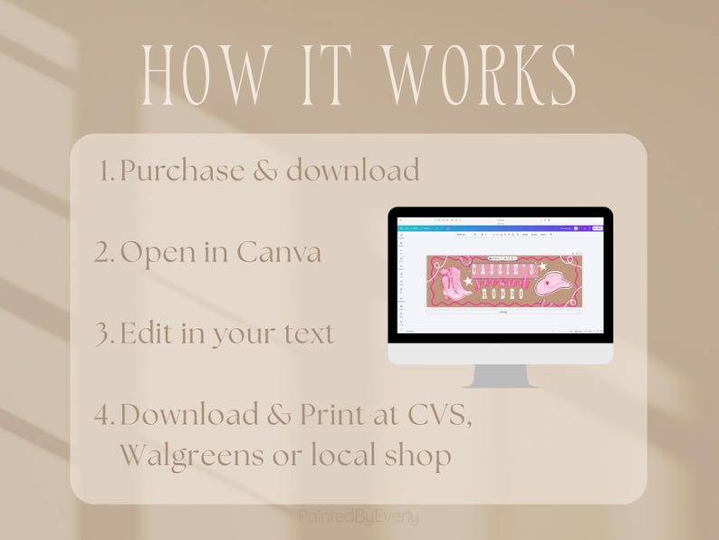 Puede incluir: Una pantalla de ordenador muestra un gr&aacute;fico rosa y marr&oacute;n con el texto "Saddle Up Rodeo". La imagen es parte de una plantilla de dise&ntilde;o. Se enumeran las instrucciones: Comprar y descargar, abrir en Canva, editar el texto y descargar e imprimir.