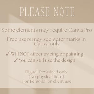Puede incluir: Gr&aacute;fico digital beige con el texto &laquo;PLEASE NOTE&raquo; en la parte superior. El texto de abajo indica que algunos elementos pueden requerir Canva Pro y que los usuarios gratuitos pueden ver marcas de agua. Es una descarga digital.