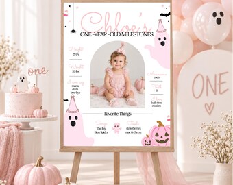 Spooky One Milestone Sign, Editable Halloween 1st Birthday Poster, Pink Canva Template