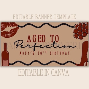 Aged to Perfection Banner Template, 30th Birthday Banner, Wine Birthday Party Decor, Editable Canva Template, DIY Trace to Paint Banner
