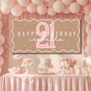 Puede incluir: Una escena de fiesta de cumplea&ntilde;os con una pancarta que dice "Happy Birthday Isabella" y el n&uacute;mero "21" en rosa. La escena incluye una mesa con pasteles, cupcakes y globos rosas.