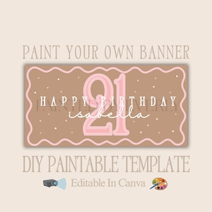 Puede incluir: Una plantilla de banner personalizable con el texto "Happy Birthday Isabella" y el n&uacute;mero "21" en rosa. El banner tiene un fondo marr&oacute;n con lunares blancos y un borde ondulado rosa. Tambi&eacute;n se ven las palabras "Paint Your Own Banner" y "DIY Paintable Template".
