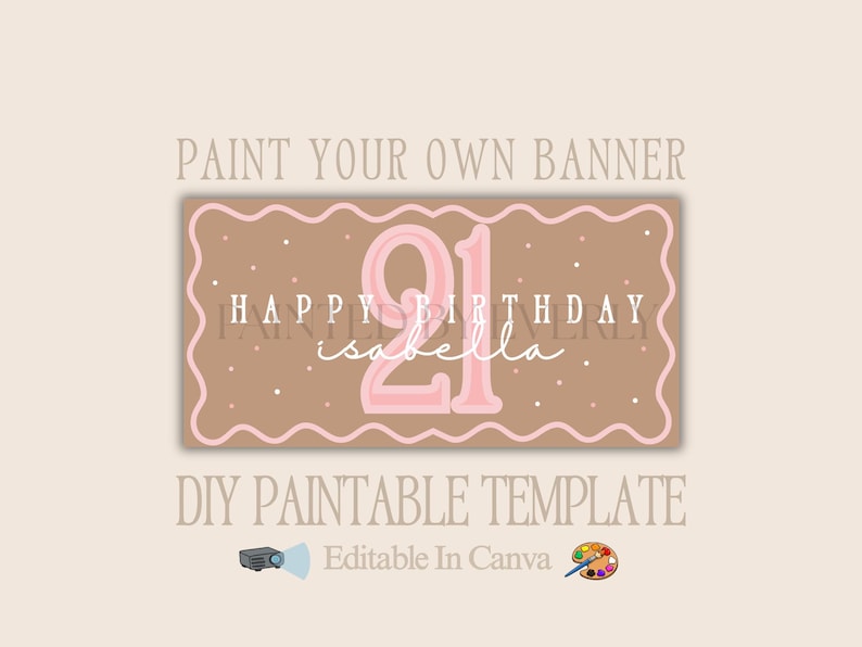 Puede incluir: Una plantilla de banner personalizable con el texto "Happy Birthday Isabella" y el n&uacute;mero "21" en rosa. El banner tiene un fondo marr&oacute;n con lunares blancos y un borde ondulado rosa. Tambi&eacute;n se ven las palabras "Paint Your Own Banner" y "DIY Paintable Template".