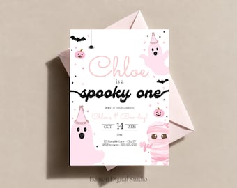 Spooky One 1st Birthday Invitation Template, Pink Halloween First Birthday Invite, Editable Canva Template, Girl Boo Day Invite