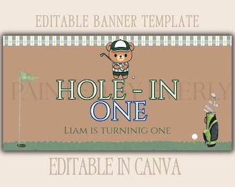 Hole-in-één golfverjaardagsbanner | Bewerkbaar canvas-gaatje in één eerste verjaardagsbanner | Grote banner voor zelfgemaakt feest | 30 x 60 lay-out |