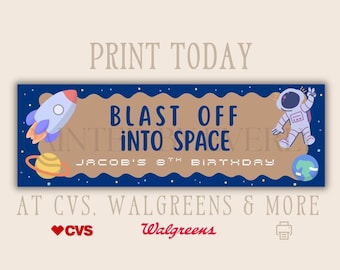 Weltraum-Geburtstagsbannervorlage, Blast Off Party Banner, Walgreens 2x6 Bannervorlage, bearbeitbares Canva Banner