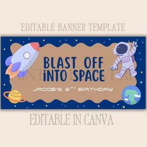 de Bannière d'anniversaire de l'espace | Toile modifiable, envolez-vous dans l'espace | Grande bannière de fête d'enfants bricolage | 30 x 60 | Nom personnalisé
