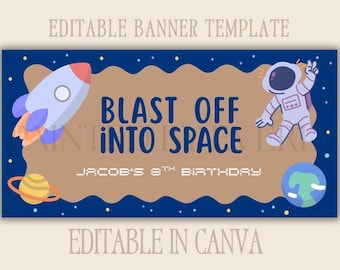 Sjabloon voor spandoek ruimte verjaardag | Bewerkbaar canvas schiet de ruimte in | Grote banner voor kinderfeestjes | 30 x 60 | Aangepaste naam: