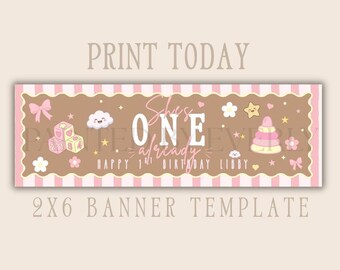Shes ONE Banner Template, 1st Birthday Girl Banner, Pink Baby Birthday Banner, Printable 2x6 Banner, Editable Canva Template, First Birthday