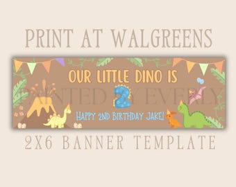 Sjabloon voor spandoek dinosaurus verjaardag, banner Our Little Dino Party, bewerkbare canvas banner, 2 x 6 Walgreens print, Dino verjaardag, afdrukbare banner