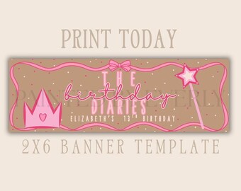 Birthday Diaries Banner Template, Pink Girly Birthday Banner, Editable Canva Banner, Birthday Party Decor, Princess Party Banner, 2x6 Banner