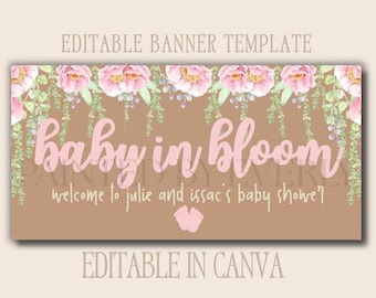 Baby in Bloom Banner Template, Pink Floral Baby Shower Banner, Editable Canva Banner, Trace to Paint Birthday Banner, Baby Girl Shower Decor