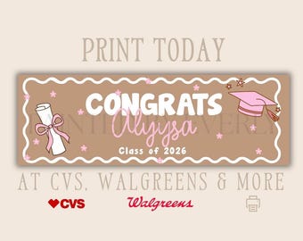 Afstudeerbanner | 2 x 6 afdrukbaar | Bewerkbaar in canvas | Afgestudeerd meisje | Roze afstuderen | Walgreens, klaar voor CVS