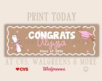 Baner na ukończenie szkoły | 2x6 do druku | Edytowalny w Canva | Dziewczynka kończąca szkołę | Różowe ukończenie szkoły | Gotowe do Walgreens, CVS
