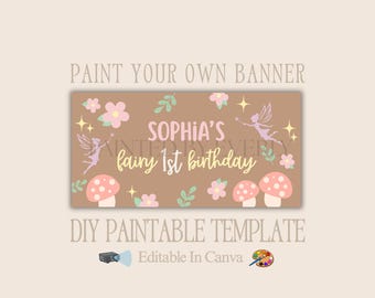 Sjabloon voor spandoek verjaardag fee, decor fee 1e verjaardag, bewerkbare canvas verjaardagsbanner, achtergrond verjaardag