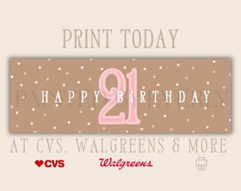 Sjabloon voor spandoek 21e verjaardag, Walgreens 2 x 6 banner, bewerkbaar canvas verjaardagsteken, roze bruin feestdecor, direct downloaden